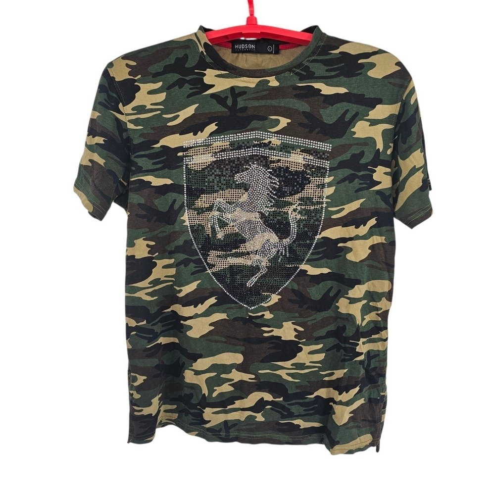 Hudson Outerwear‎ Green Camouflage Mustang Horse Bling T-Shirt Size Large
